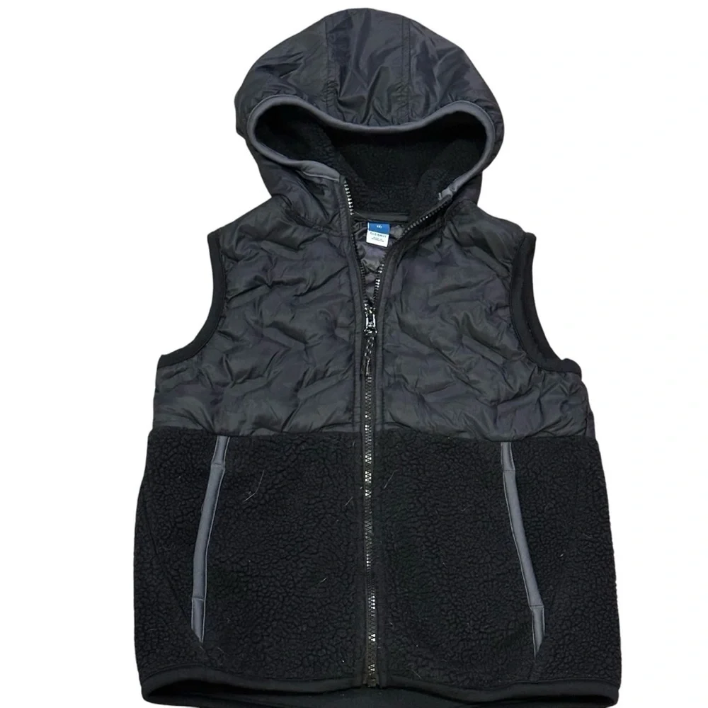 Old Navy Kids Fleece Lined Quilted Vest Hoody Black Pockets Sz 8 EUC